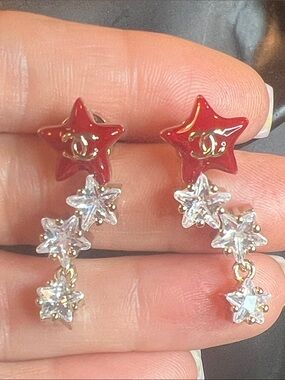 Red Star Drop Earrings with Crystal Cascades